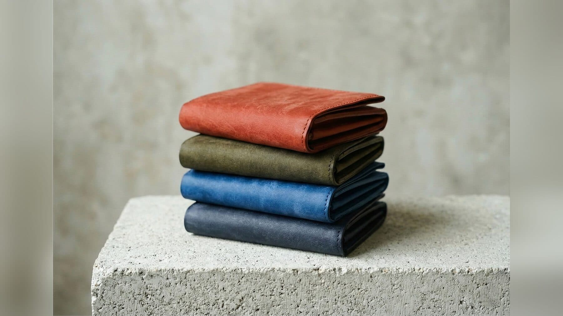 hykc 擦蠟皮革銀包,陶土橙、橄欖綠、丹寧藍三色疊放